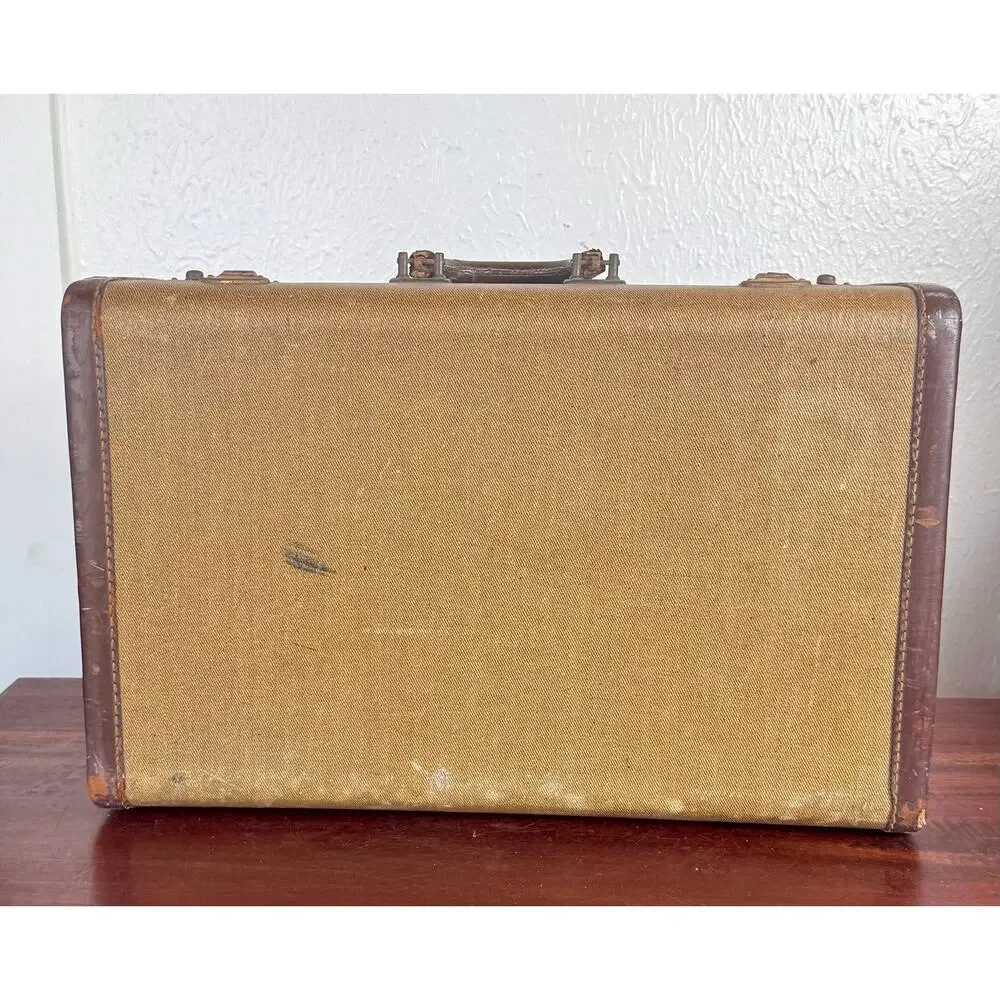 Brown Tweed Hard Sided Suitcase Ruched Interior Vintage Luggage